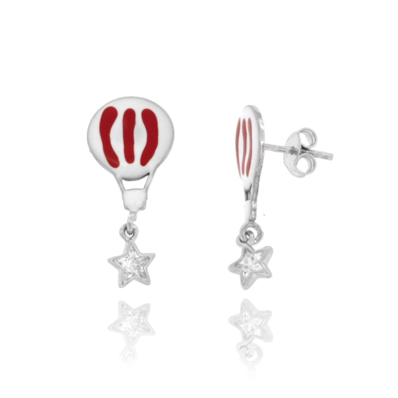 ORECCHINI CON MONGOLFIERA SMALTATA E STELLA CON ZIRCONI IN ARGENTO RODIATO TIT 925‰