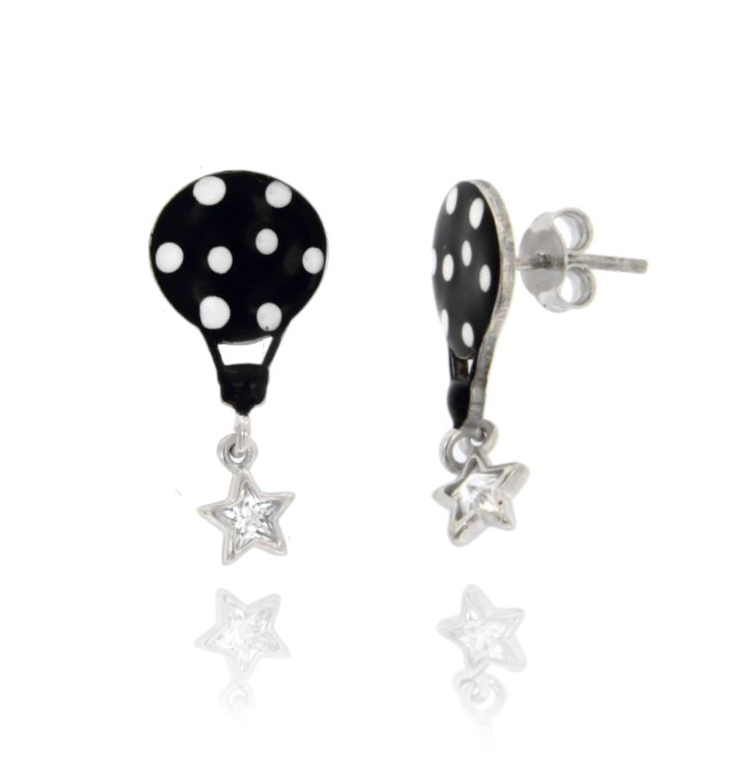 ORECCHINI CON MONGOLFIERA SMALTATA E STELLA CON ZIRCONI IN ARGENTO RODIATO TIT 925‰