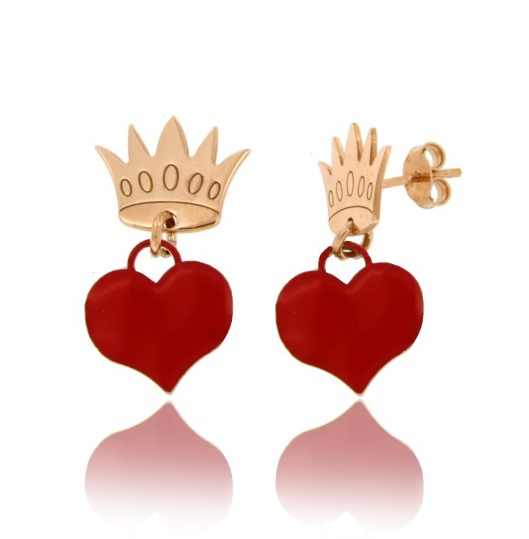 ORECCHINI CORONA CON CUORE SMALTATO PENDENTE IN ARGENTO RAMATO TIT 925‰