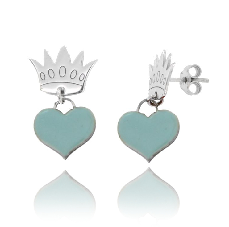 ORECCHINI CORONA CON CUORE SMALTATO PENDENTE IN ARGENTO RODIATO TIT 925‰