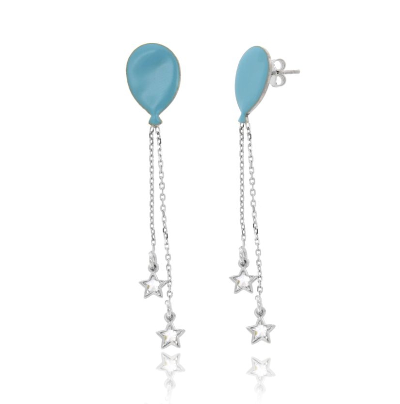 ORECCHINI PALLONCINO CON CATENINE E STELLINE CON ZIRCONI PENDENTI IN ARGENTO RODIATO TIT 925‰