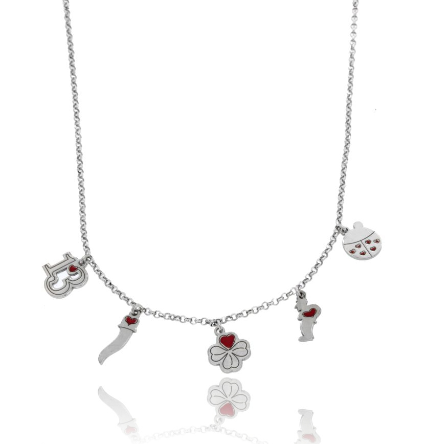 COLLANA ROLO' CON SIMBOLI SCARAMANTICI SMALTATI IN ARGENTO RODIATO CM 45
