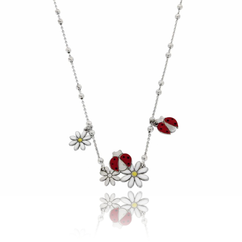 COLLANA FORZATINA CON SFERE ALTERNATE E COCCINELLE E MARGHERITE SMALTATE IN ARGENTO RODIATO CM 45