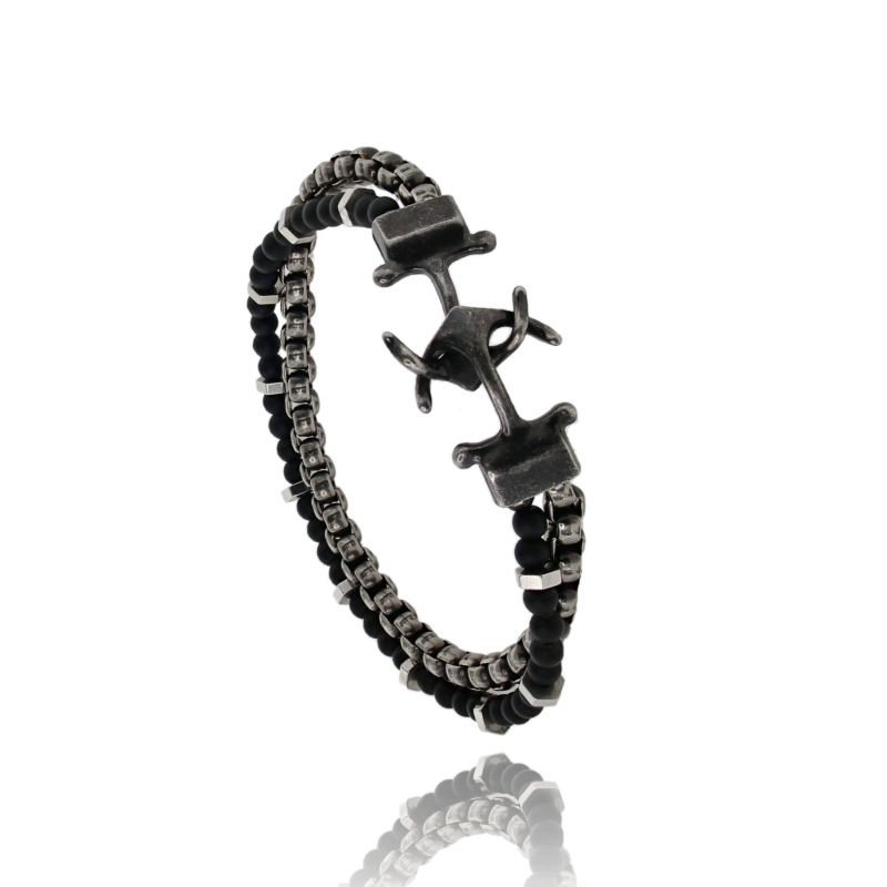 BRACCIALE A 2 FILI MAGLIA VENEZIANA ALLUNGATA E AGATA NERA SATINATA CON ANCORE A CHIUSURA IN ACCIAIO BRUNITO CM 21
