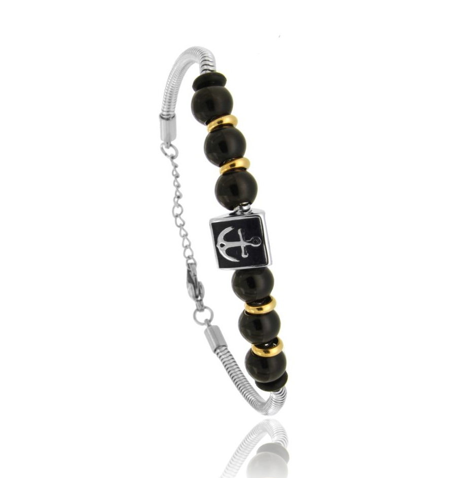 BRACCIALE CODA DI TOPO CON SFERE E ANCORA IN ACCIAIO TRICOLORE E SMALTO CM 21