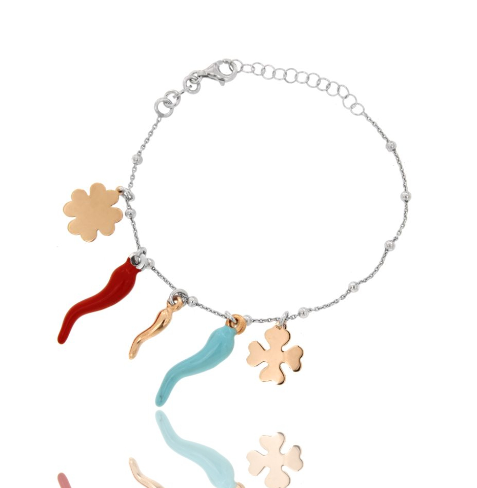 BRACCIALE ROLO' CON CORNI SMALTATI E QUADRIFOGLI PENDENTI IN ARGENTO RODIATO E RAMATO TIT 925‰ CM 16-19