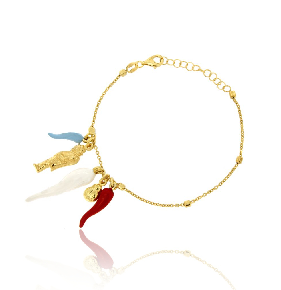 BRACCIALE ROLO' CON CORNI SMALTATI, COCCINELLA E GOBBETTO PENDENTI IN ARGENTO DORATO TIT 925‰ CM 16-19