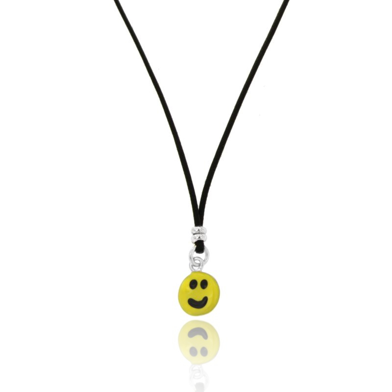 COLLANA IN SETA CERATA CON SMILE PENDENTE IN ARGENTO RODIATO TIT 925 E SMALTO CM 38-40