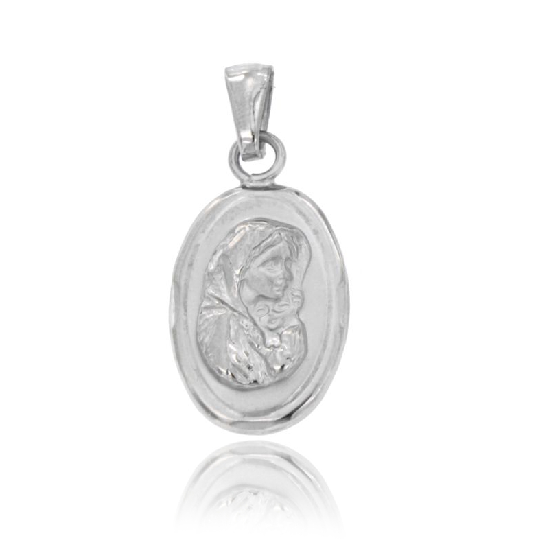 CIONDOLO OVALE MM 25X15 MADONNA CON BAMBINO IN ARGENTO RODIATO TIT 925‰