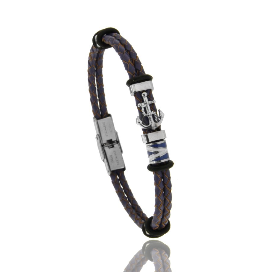 BRACCIALE IN CUOIO INTRECCIATO VIOLA A 2 FILI CON BANDIERINE NAUTICHE SMALTATE E ANCORA CENTRALE IN ACCIAIO
