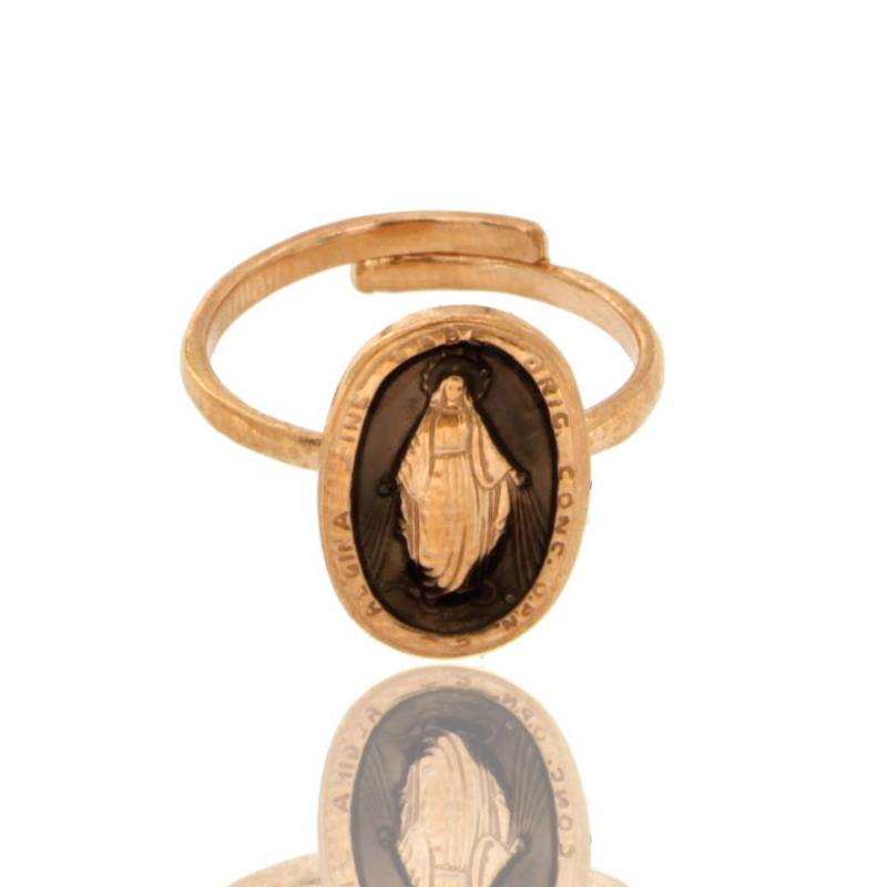 ANELLO MADONNINA MIRACOLOSA OVALE MM 19X11 IN ARGENTO TIT 925‰ E SMALTO CATTEDRALE MISURA REGOLABILE