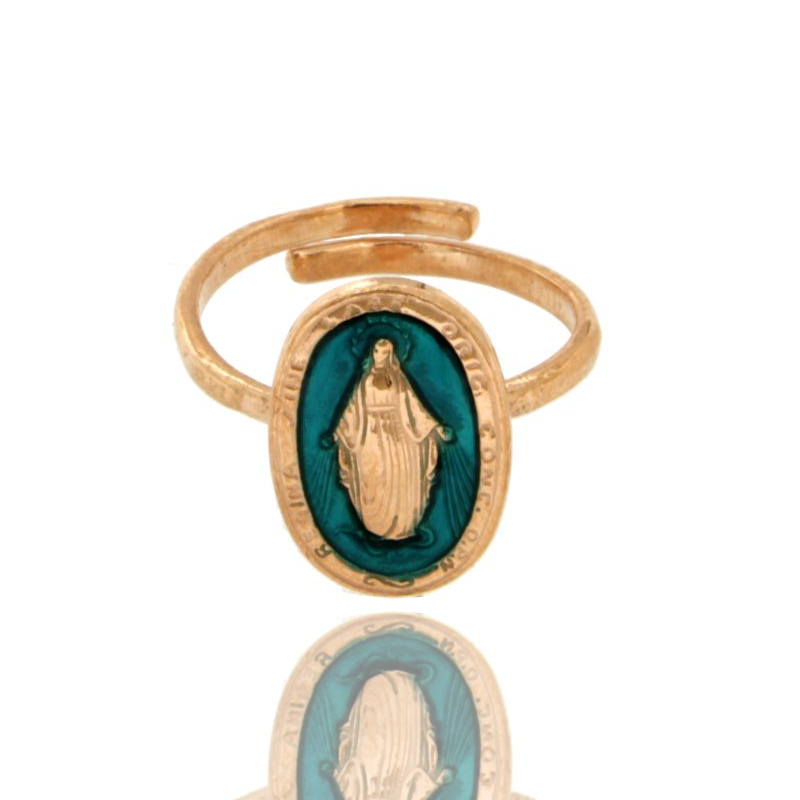ANELLO MADONNINA MIRACOLOSA OVALE MM 19X11 IN ARGENTO TIT 925‰ E SMALTO CATTEDRALE MISURA REGOLABILE