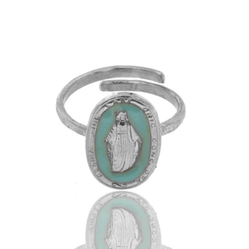 ANELLO MADONNINA MIRACOLOSA OVALE MM 19X11 IN ARGENTO TIT 925‰ E SMALTO CATTEDRALE MISURA REGOLABILE