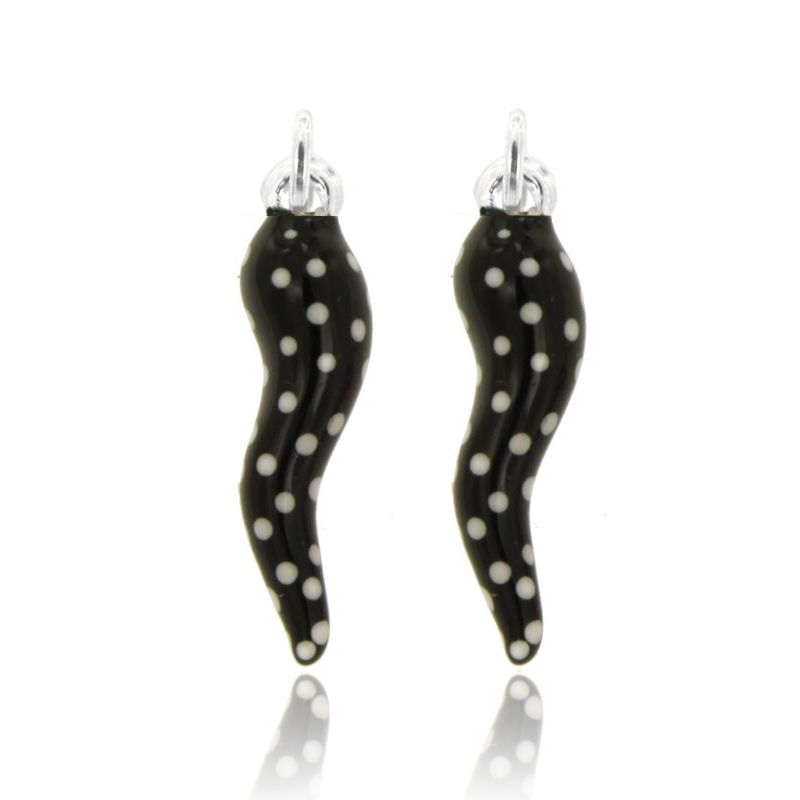 CIONDOLO CORNO PZ 2 CM 3 IN ARGENTO SMALTATO NERO E BIANCO A POIS TIT 925‰