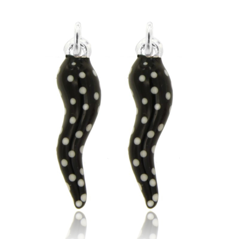 CIONDOLO CORNO PZ 2 CM 3,5 IN ARGENTO SMALTATO NERO E BIANCO A POIS TIT 925‰