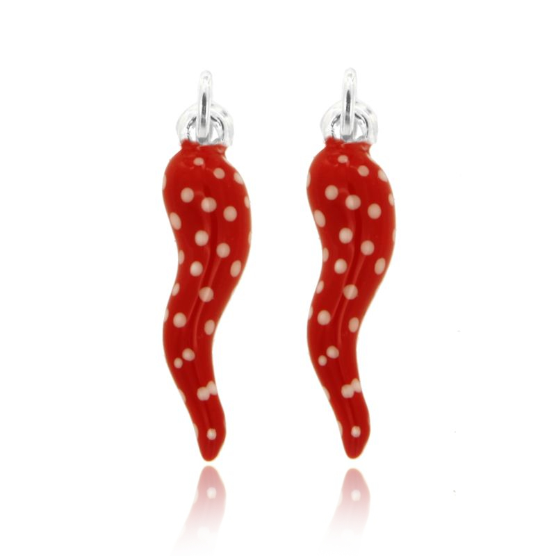 CIONDOLO CORNO PZ 2 CM 3 IN ARGENTO SMALTATO ROSSO E BIANCO A POIS TIT 925‰