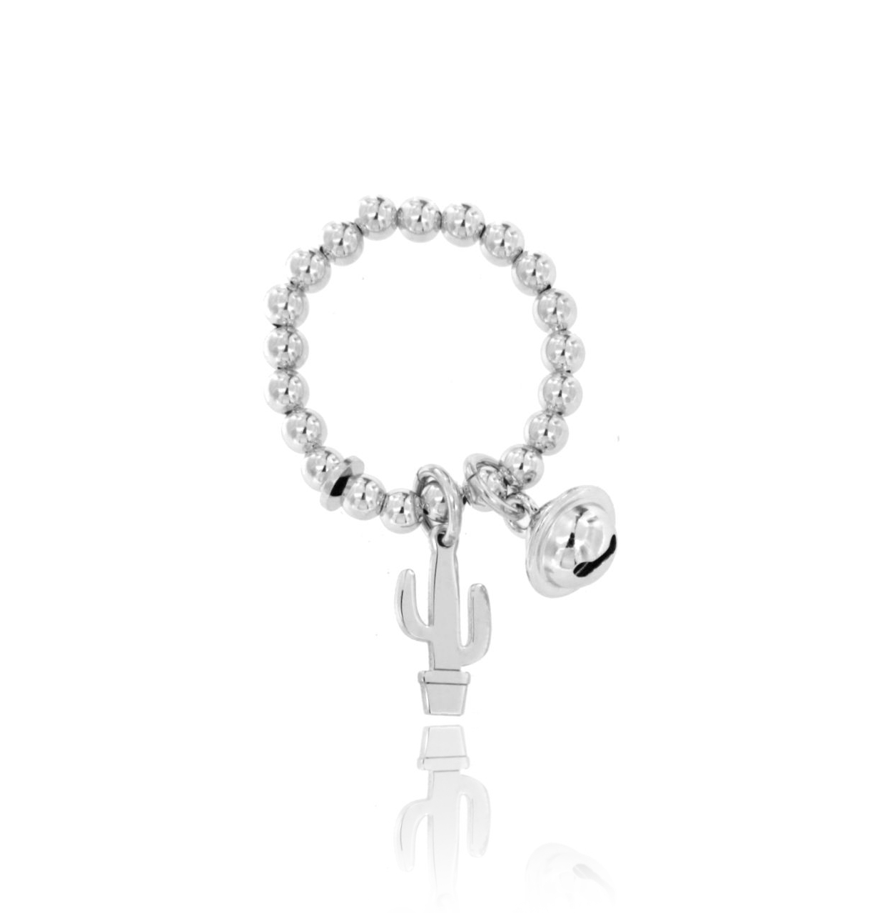 ANELLO ELASTICO A SFERE MM 3 CON CACTUS E CAMPANELLINO PENDENTE IN ARGENTO RODIATO TIT 925