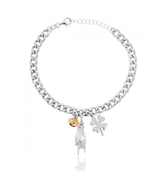 BRACCIALE CON CORNO, MANO DI FATIMA E OCCHIO IN ARGENTO TIT 925 SMALTO E PIETRE CM 17-19