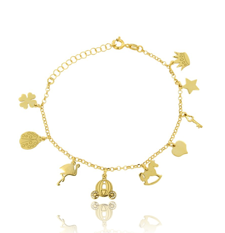 BRACCIALE CON CORONA, FENICOTTERO E SCARAMANTICI IN ARGENTO DORATO TIT 925‰ CM 17-20