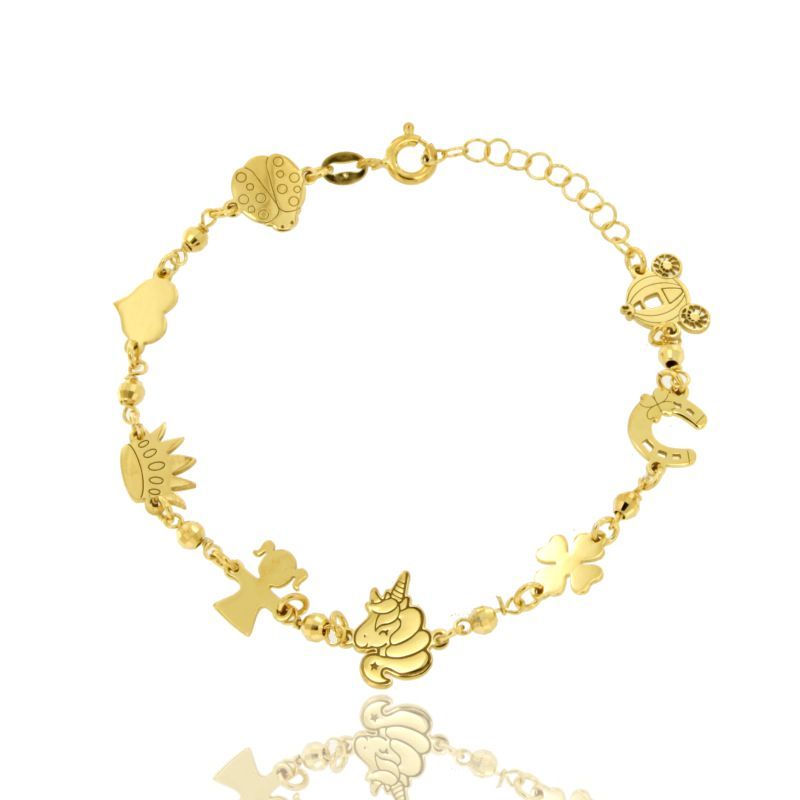 BRACCIALE CON CORONA, UNICORNO E SCARAMANTICI IN ARGENTO DORATO TIT 925‰ CM 17-20