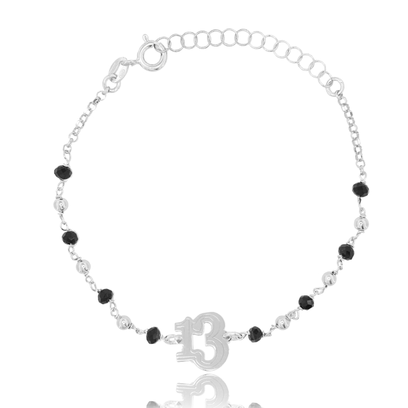 BRACCIALE CON TREDICI IN ARGENTO RODIATO TIT 925‰ CM 17-20 E AGATA NERA