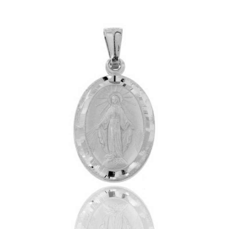 CIONDOLO MADONNINA MIRACOLOSA OVALE MM 27X16 CON BORDO DIAMANTATO IN ARGENTO TIT 925‰