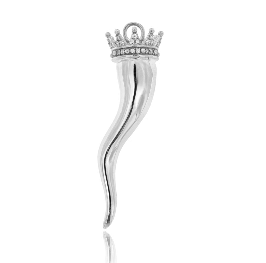 CIONDOLO CORNO CORONA A PUNTE MM 84X19 IN ARGENTO MICROFUSO RODIATO TIT 800‰ E ZIRCONI