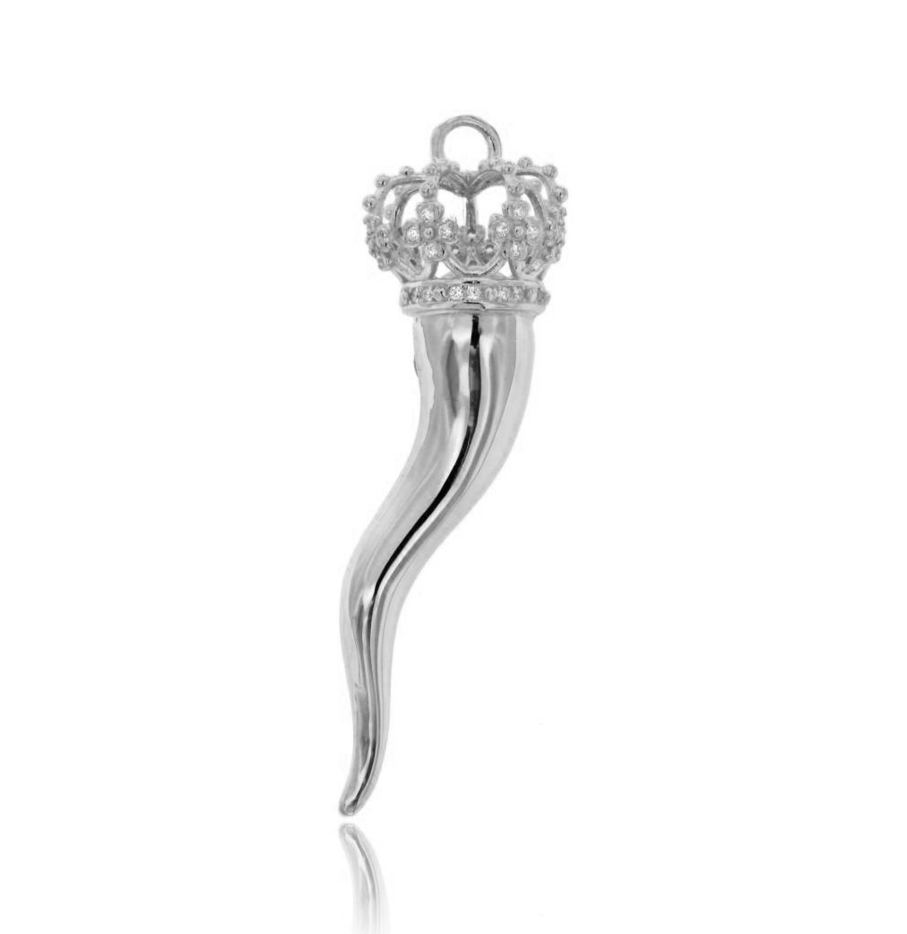 CIONDOLO CORNO CORONA TRAFORATA MM 60X17 IN ARGENTO MICROFUSO RODIATO TIT 800‰ E ZIRCONI