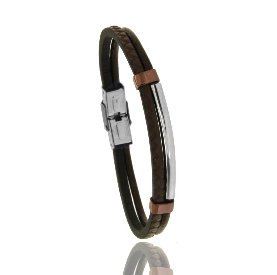 BRACCIALE IN CUOIO CON TARGA IN ACCIAIO BICOLORE