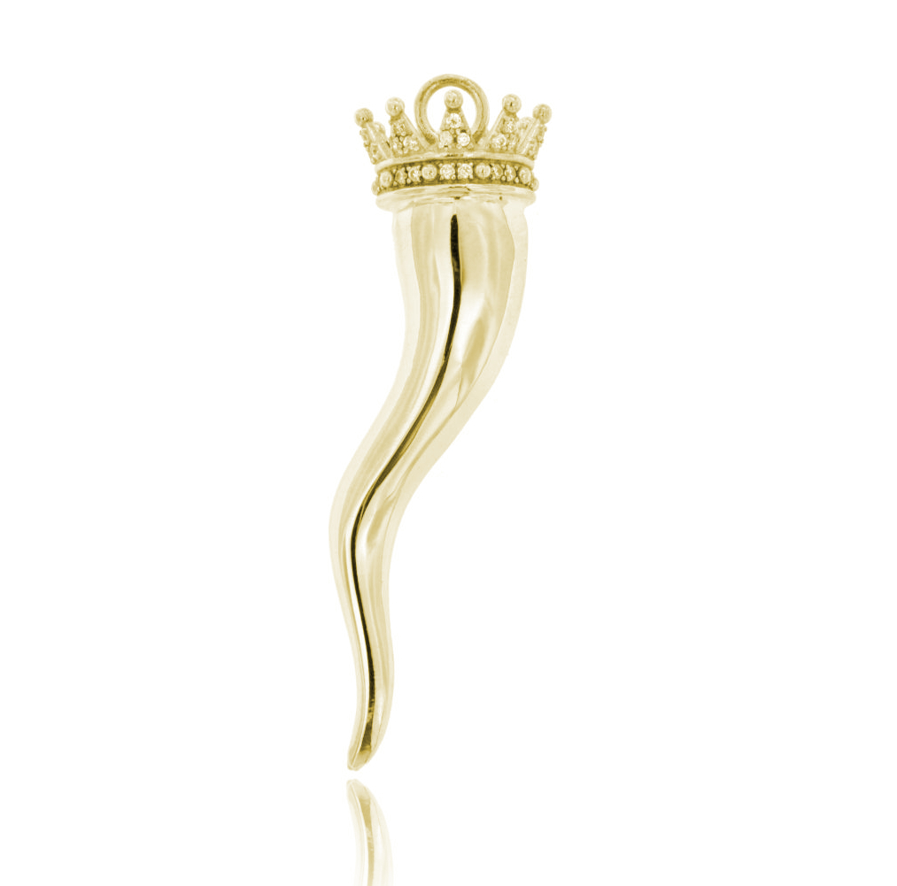 CIONDOLO CORNO CORONA A PUNTE MM 56X15 IN ARGENTO MICROFUSO DORATO TIT 800‰ E ZIRCONI