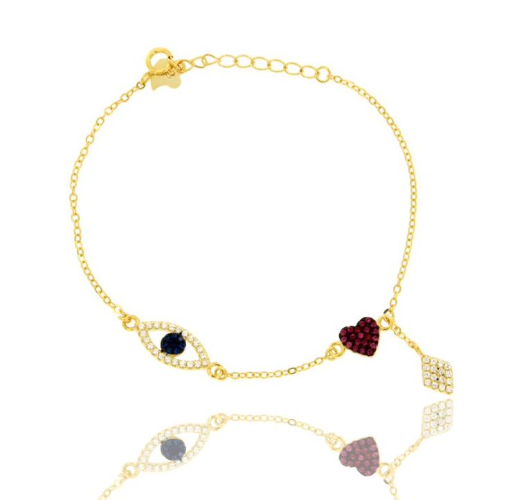 BRACCIALE FORZATINA CON OCCHIO, ROMBO E CUORE IN ARGENTO TIT 925‰ E ZIRCONI COLORATI CM 17-20