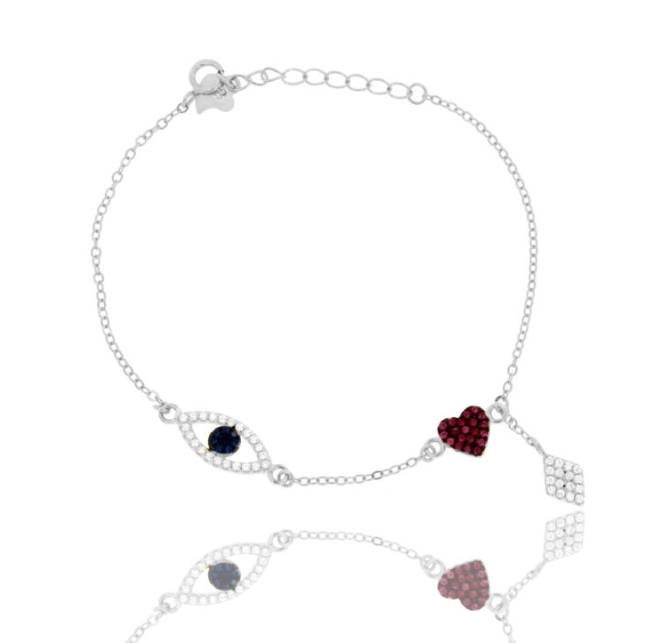 BRACCIALE FORZATINA CON OCCHIO, ROMBO E CUORE IN ARGENTO TIT 925‰ E ZIRCONI COLORATI CM 17-20