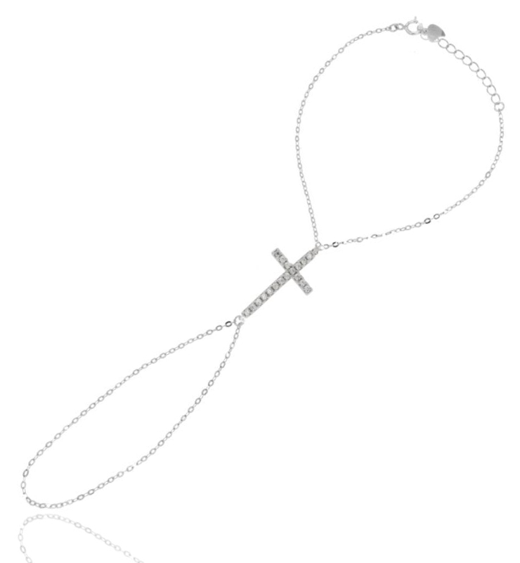BACIAMANO FORZATINA CON CROCE CENTRALE CON ZIRCONI IN ARGENTO RODIATO TIT 925‰