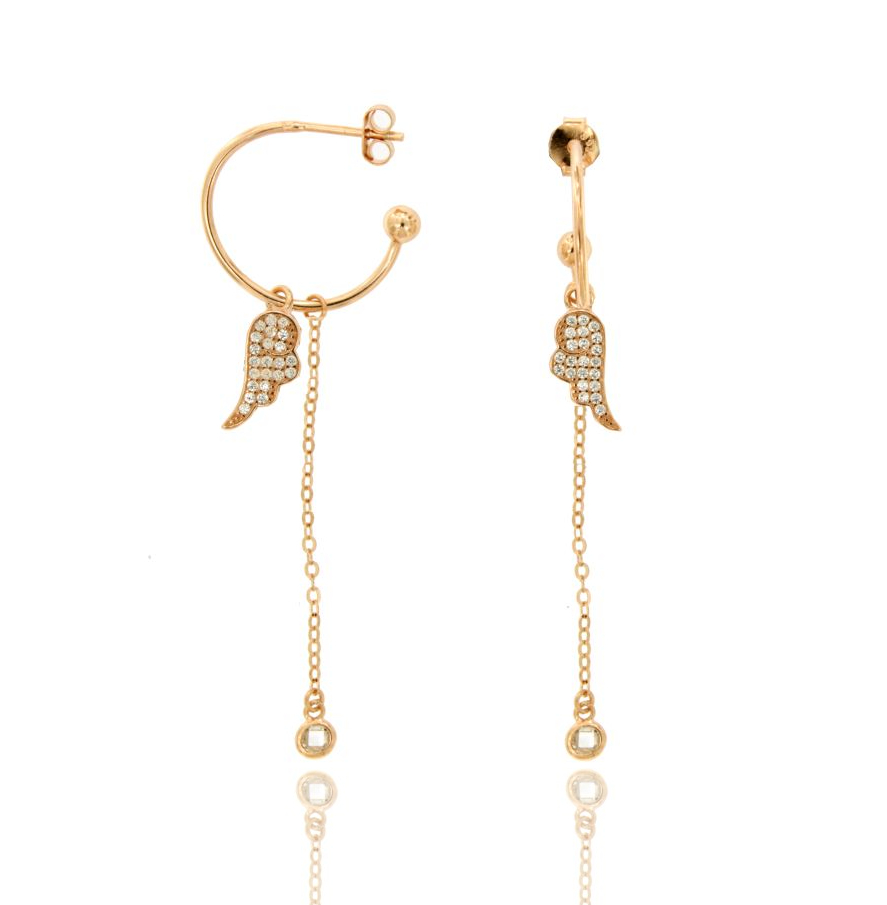 ORECCHINI A CERCHIO MM 18 CON CATENA FORZATINA E ALA PENDENTE IN ARGENTO ROSATO TIT 925‰ E ZIRCONI