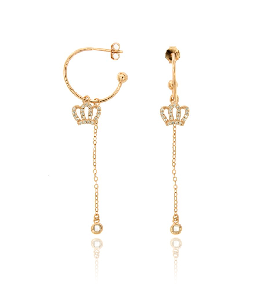 ORECCHINI A CERCHIO MM 18 CON CATENA FORZATINA E CORONA PENDENTE IN ARGENTO ROSATO TIT 925‰ E ZIRCONI