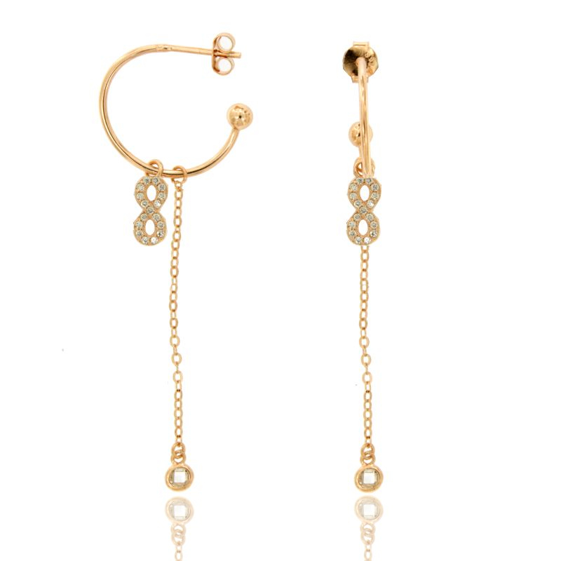 ORECCHINI A CERCHIO MM 18 CON CATENA FORZATINA E INFINITO PENDENTE IN ARGENTO ROSATO TIT 925‰ E ZIRCONI