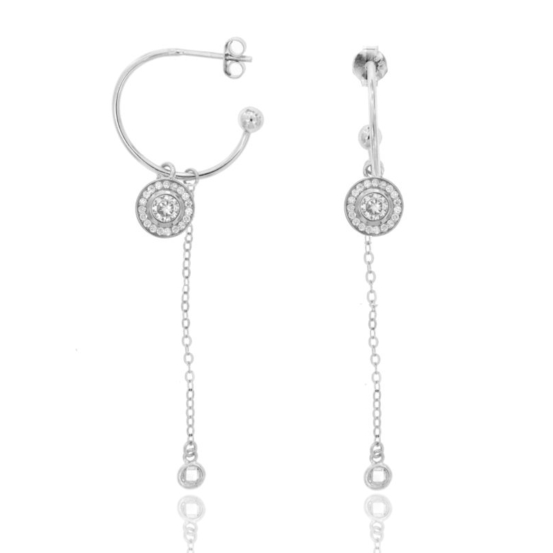 ORECCHINI A CERCHIO MM 18 CON CATENA FORZATINA E SOLITARIO IN ARGENTO TIT 925 E ZIRCONI