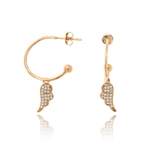 ORECCHINI A CERCHIO MM 18 CON ALA PENDENTE IN ARGENTO ROSATO TIT 925‰ E ZIRCONI