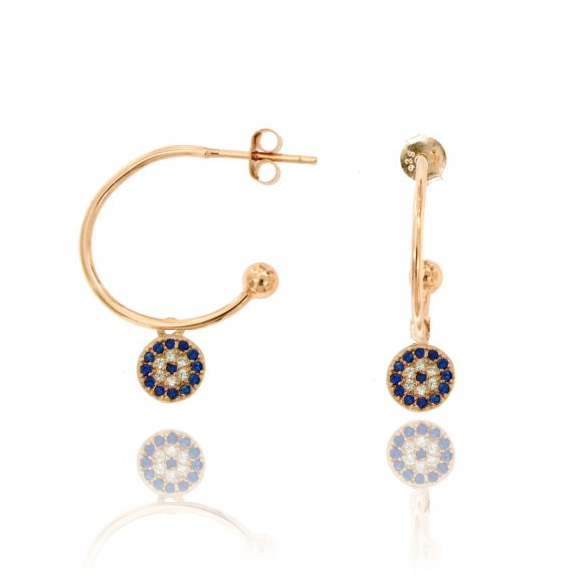 ORECCHINI A CERCHIO MM 18 CON TONDO PENDENTE IN ARGENTO ROSATO TIT 925‰ E ZIRCONI BIANCHI E BLU