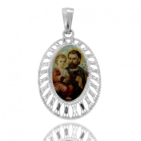 CIONDOLO OVALE ELETTROFUSO SAN GIUSEPPE IN ARGENTO RODIATO TIT 925‰