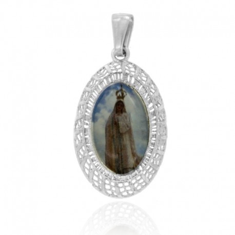 CIONDOLO OVALE ELETTROFUSO MADONNA DI FATIMA IN ARGENTO RODIATO TIT 925‰ E RESINA