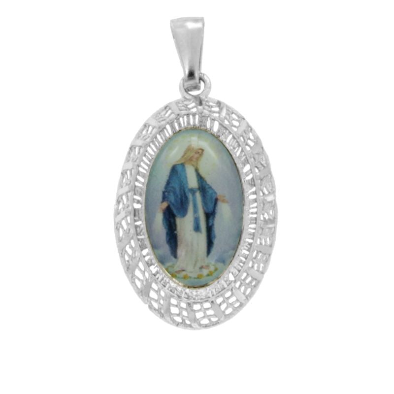 CIONDOLO OVALE ELETTROFUSO MADONNA MIRACOLOSA IN ARGENTO RODIATO TIT 925‰ E RESINA
