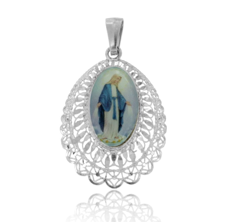 CIONDOLO OVALE ELETTROFUSO MADONNA MIRACOLOSA IN ARGENTO RODIATO TIT 925‰ E RESINA