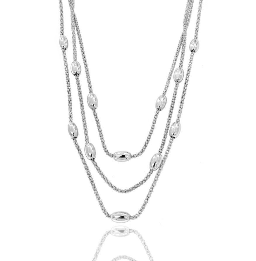 COLLANA POP CORN A 3 FILI CON OLIVETTE ALTERNATE IN ARGENTO RODIATO TIT 925‰ CM 50