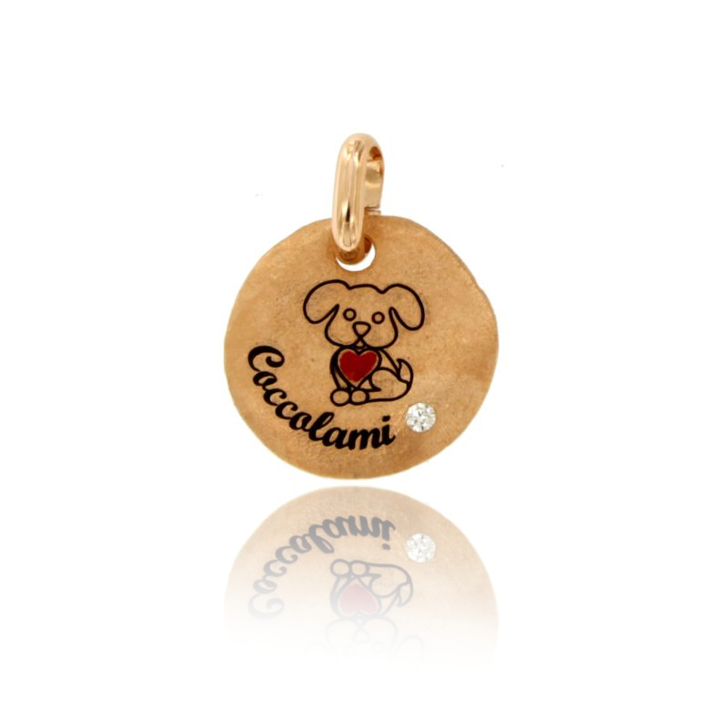 CIONDOLO TONDO MM 18 CAGNOLINO COCCOLAMI IN ARGENTO ROSATO TIT 925 SMALTO E ZIRCONE