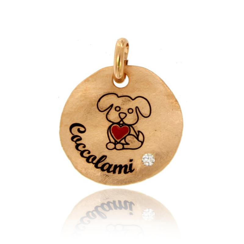 CIONDOLO TONDO MM 24 CAGNOLINO COCCOLAMI IN ARGENTO ROSATO TIT 925 SMALTO E ZIRCONE