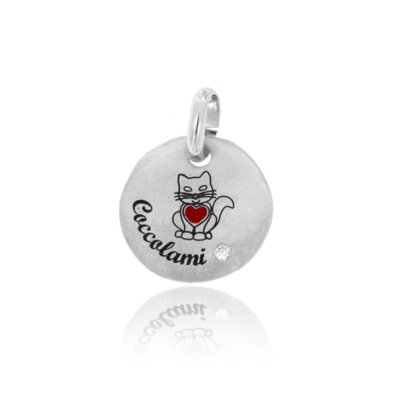 CIONDOLO TONDO MM 18 GATTINO COCCOLAMI IN ARGENTO RODIATO TIT 925 SMALTO E ZIRCONE