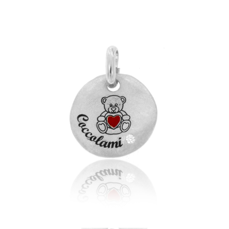 CIONDOLO TONDO MM 18 ORSETTO COCCOLAMI IN ARGENTO RODIATO TIT 925 SMALTO E ZIRCONE