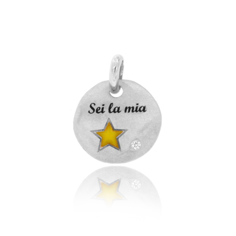 CIONDOLO TONDO MM 18 SEI LA MIA STELLA IN ARGENTO RODIATO TIT 925 SMALTO E ZIRCONE