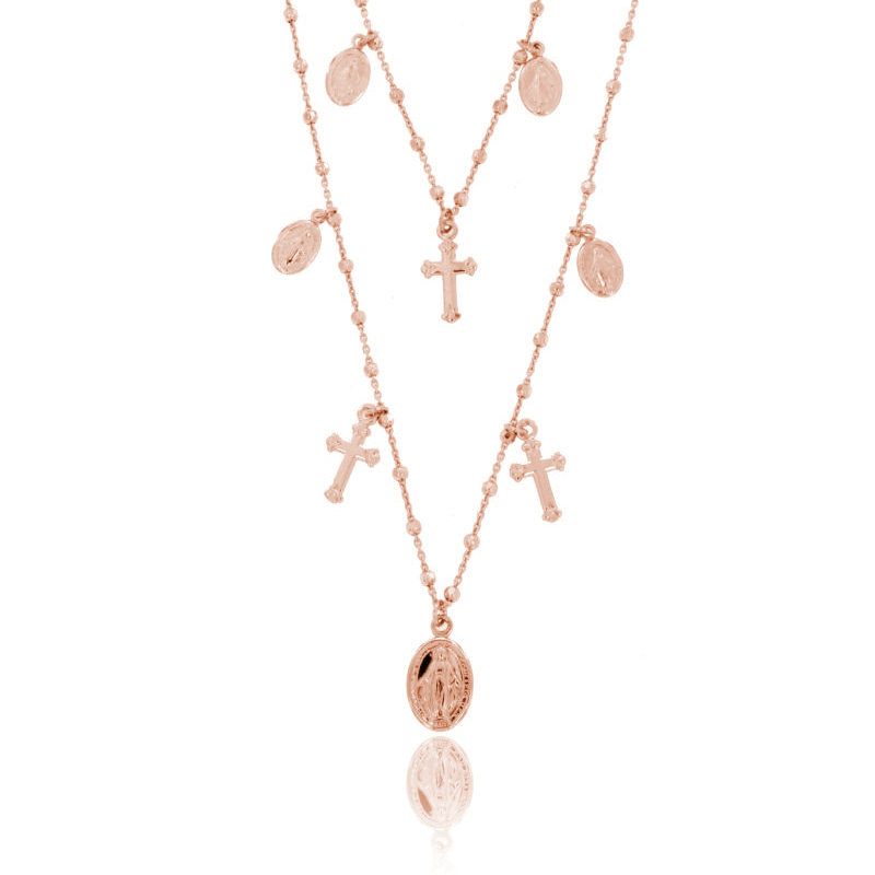 CATENA FORZATINA CON CUBETTI A 2 FILI CON CROCI E MADONNINE PENDENTI IN ARGENTO ROSATO TIT 925‰ CM 50